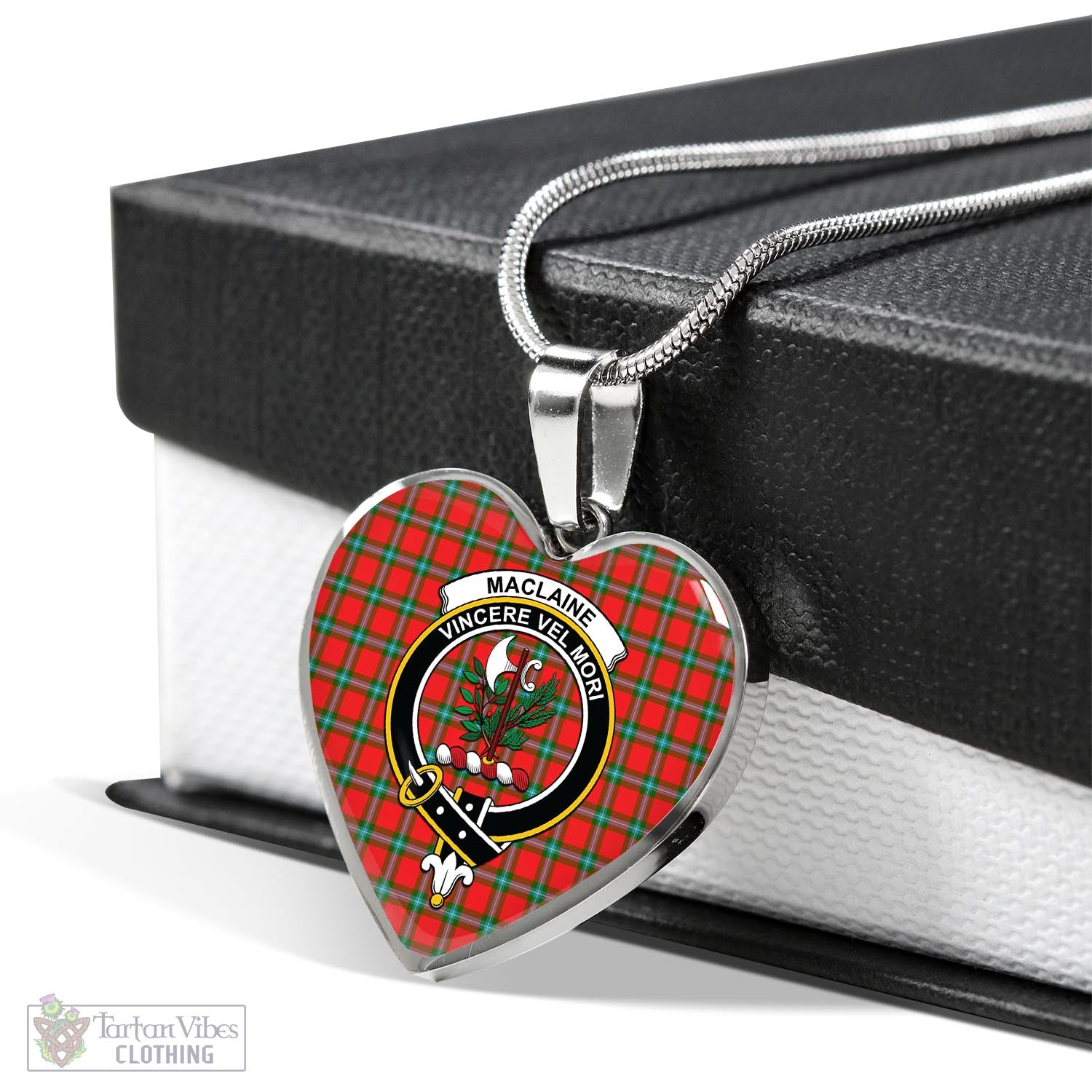 Tartan Vibes Clothing MacLaine of Loch Buie Tartan Heart Necklace with Family Crest