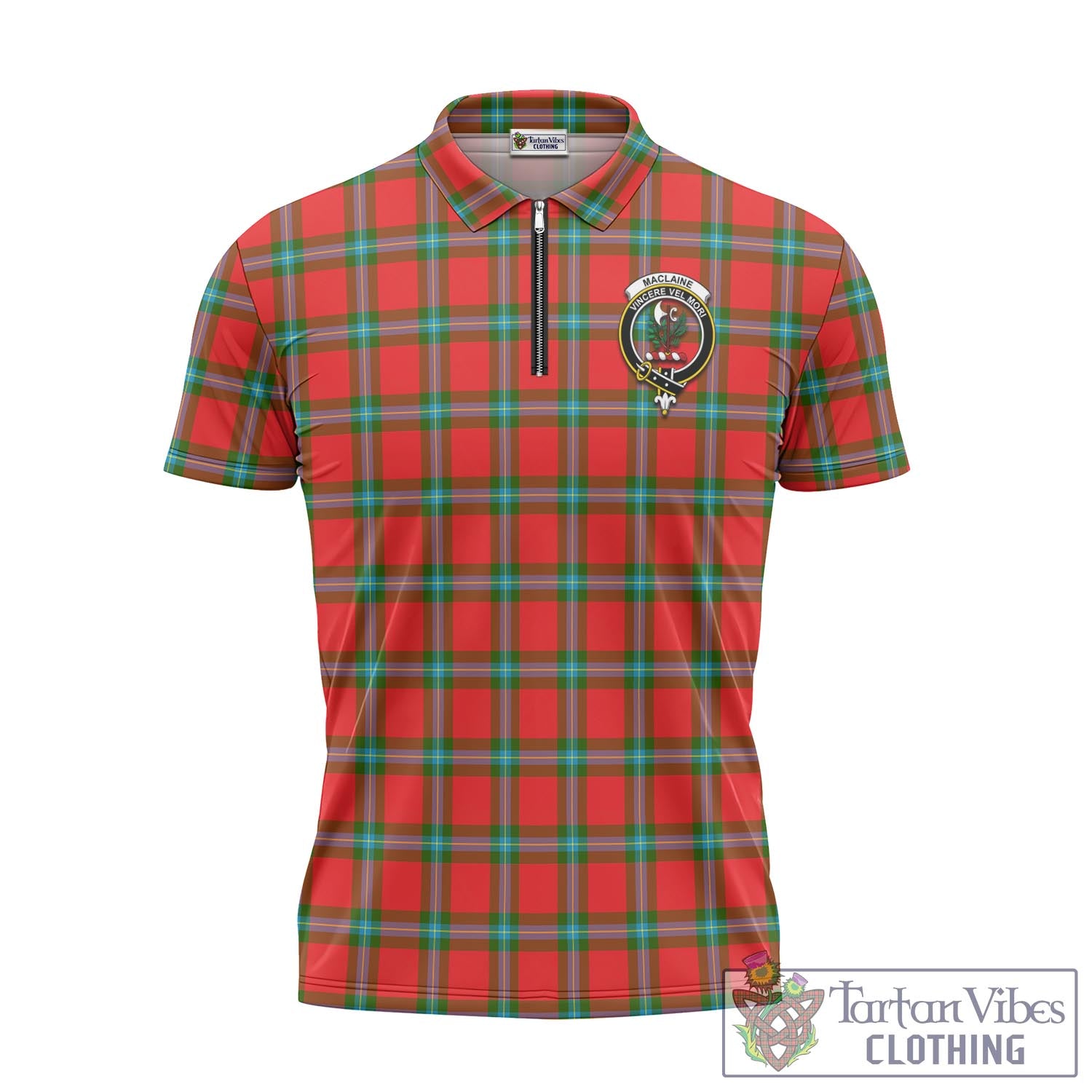 Tartan Vibes Clothing MacLaine of Loch Buie Tartan Zipper Polo Shirt with Family Crest