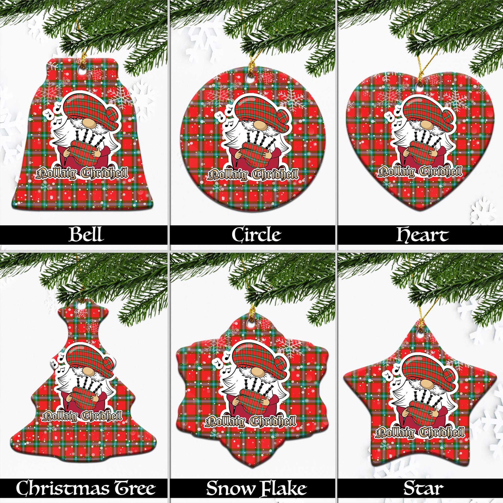 MacLaine of Loch Buie Tartan Christmas Ornaments with Scottish Gnome Playing Bagpipes Ceramic - Tartanvibesclothing