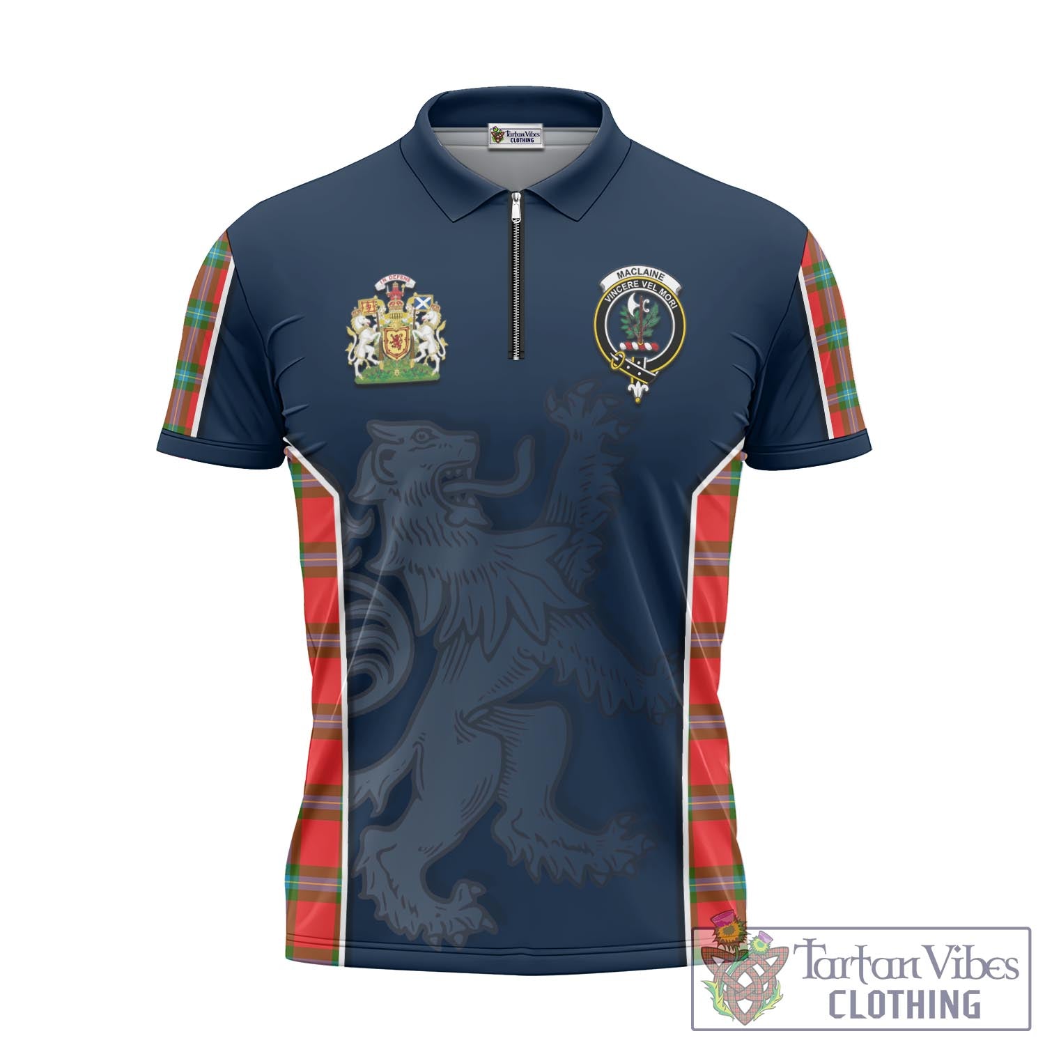 Tartan Vibes Clothing MacLaine of Loch Buie Tartan Zipper Polo Shirt with Family Crest and Lion Rampant Vibes Sport Style