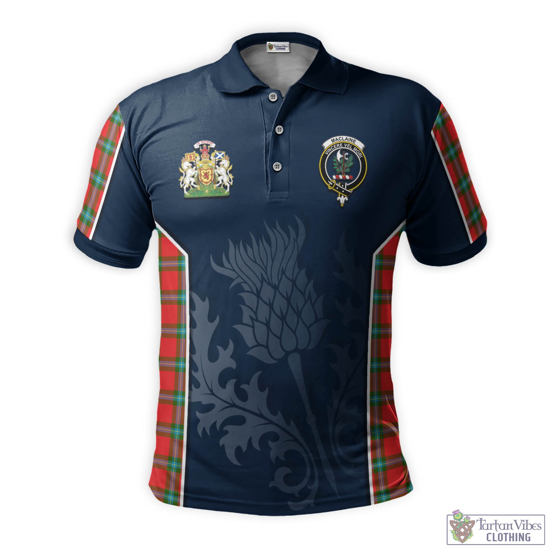Tartan Vibes Clothing MacLaine of Loch Buie Tartan Men's Polo Shirt with Family Crest and Scottish Thistle Vibes Sport Style