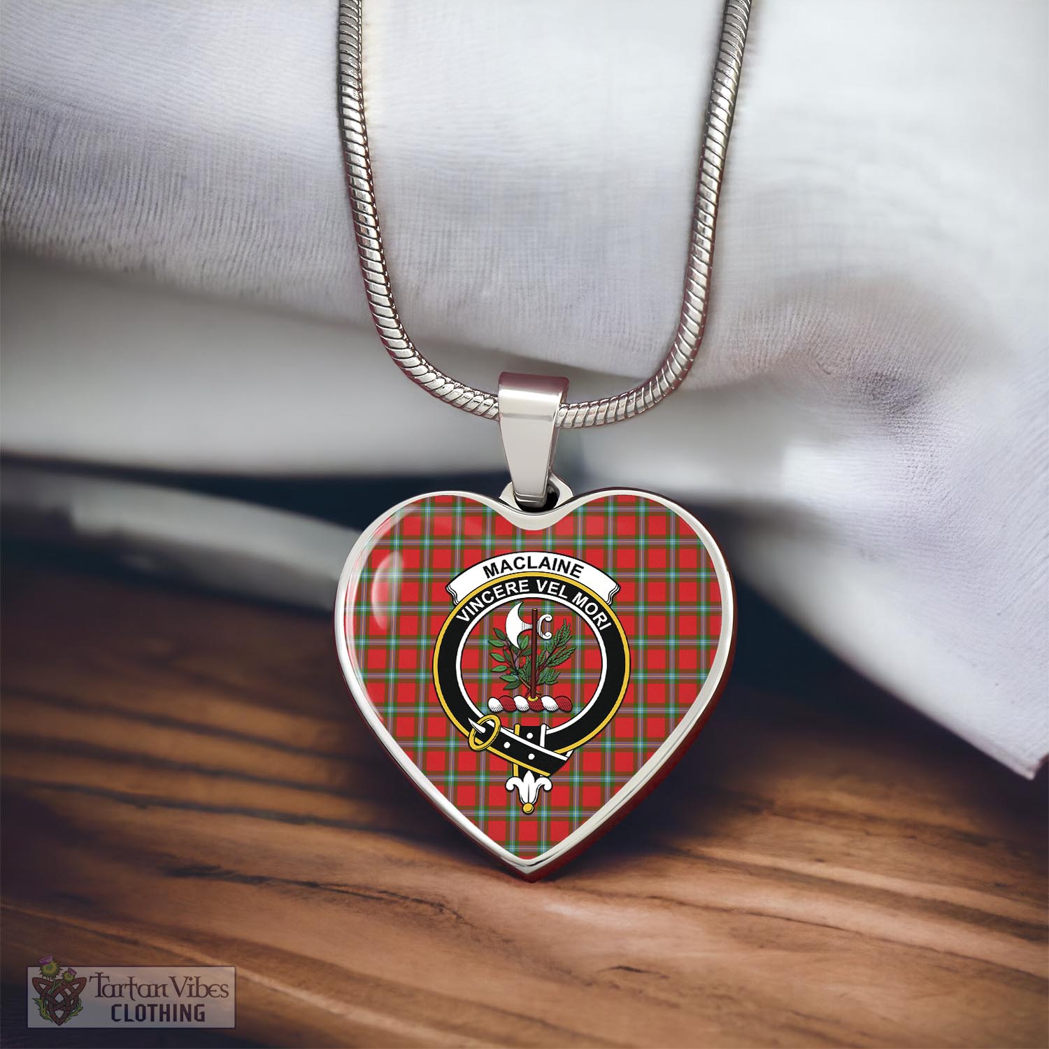 Tartan Vibes Clothing MacLaine of Loch Buie Tartan Heart Necklace with Family Crest