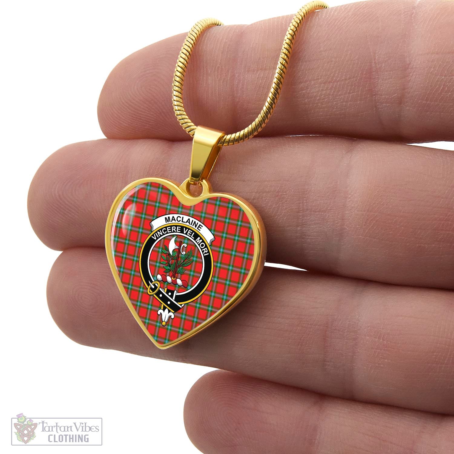 Tartan Vibes Clothing MacLaine of Loch Buie Tartan Heart Necklace with Family Crest