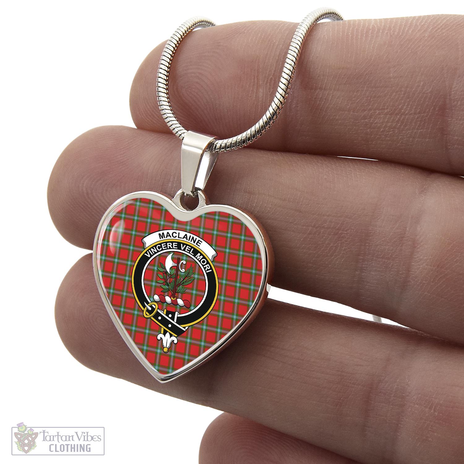 Tartan Vibes Clothing MacLaine of Loch Buie Tartan Heart Necklace with Family Crest