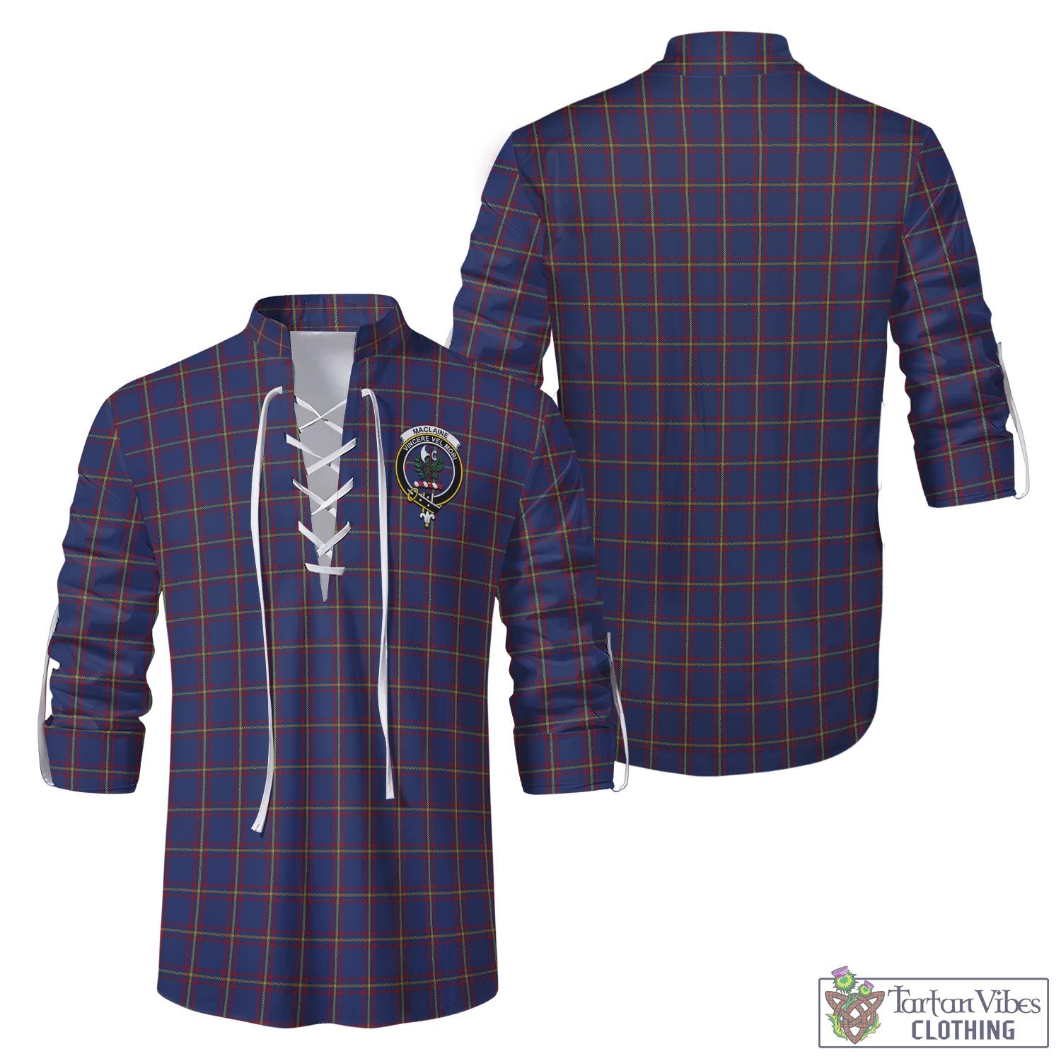 Tartan Vibes Clothing MacLaine of Lochbuie Tartan Men's Scottish Traditional Jacobite Ghillie Kilt Shirt with Family Crest