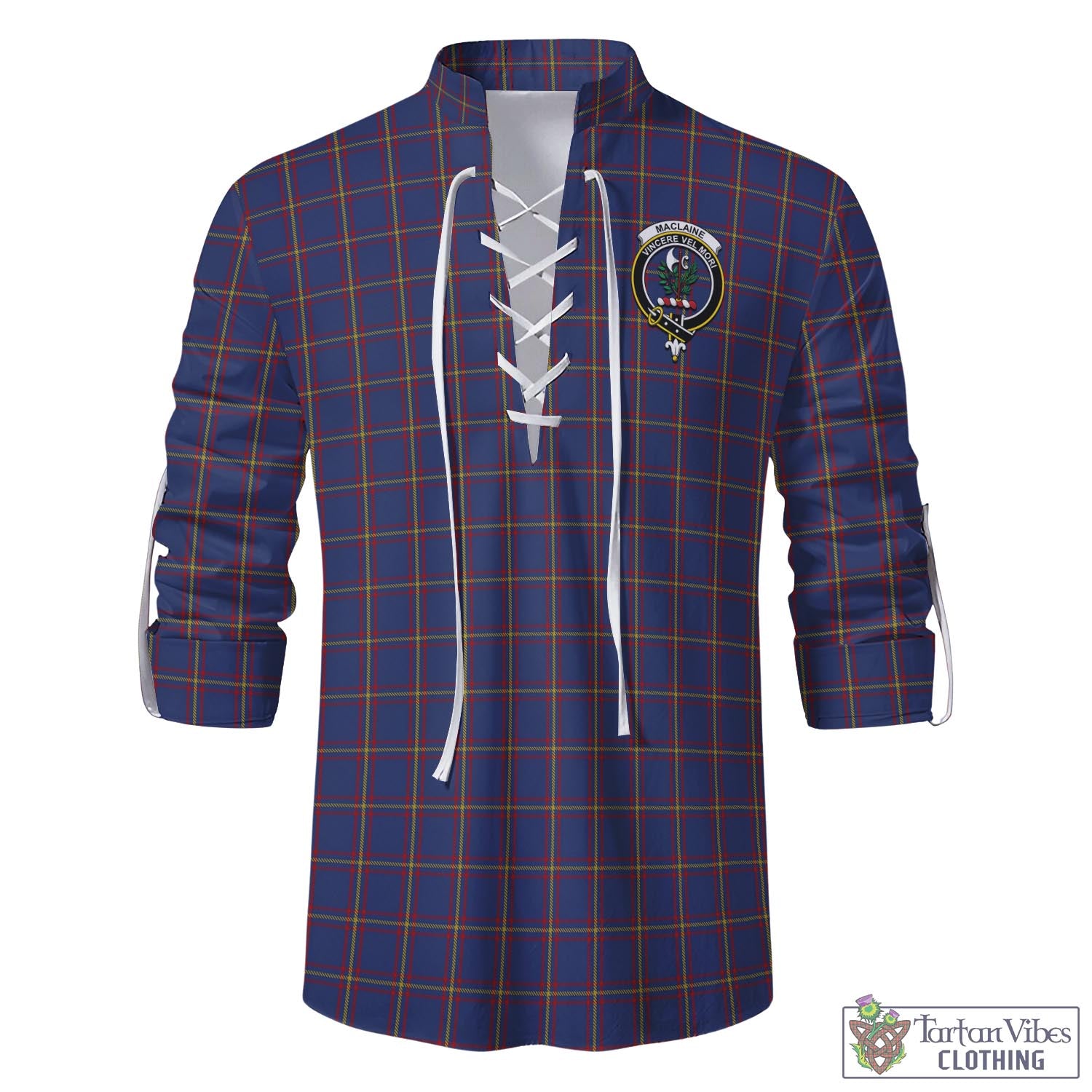 Tartan Vibes Clothing MacLaine of Lochbuie Tartan Men's Scottish Traditional Jacobite Ghillie Kilt Shirt with Family Crest