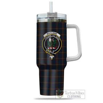 MacLaine of Lochbuie Hunting Tartan and Family Crest Tumbler with Handle