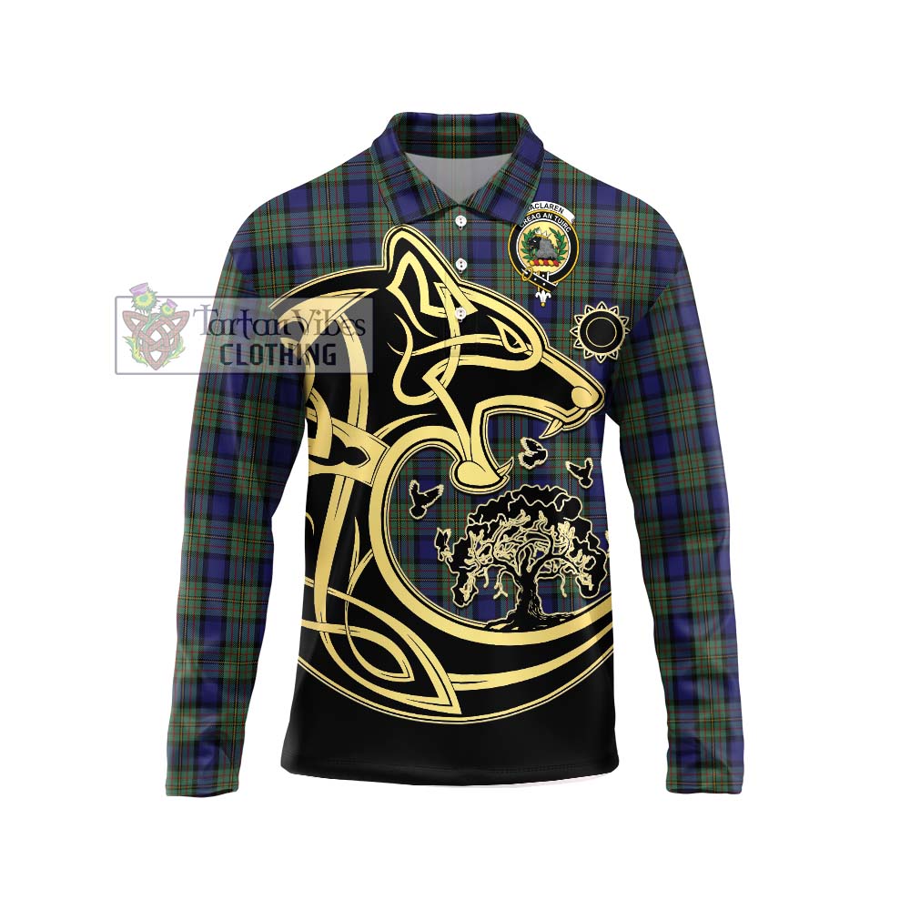 MacLaren (McLaren) Tartan Long Sleeve Polo Shirt with Family Crest Celtic Wolf Style Unisex - Tartan Vibes Clothing