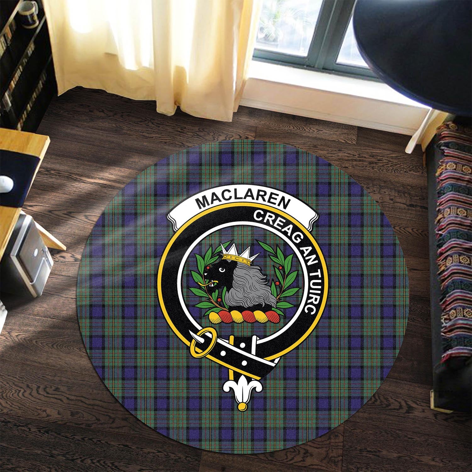 maclaren-tartan-round-rug-with-family-crest