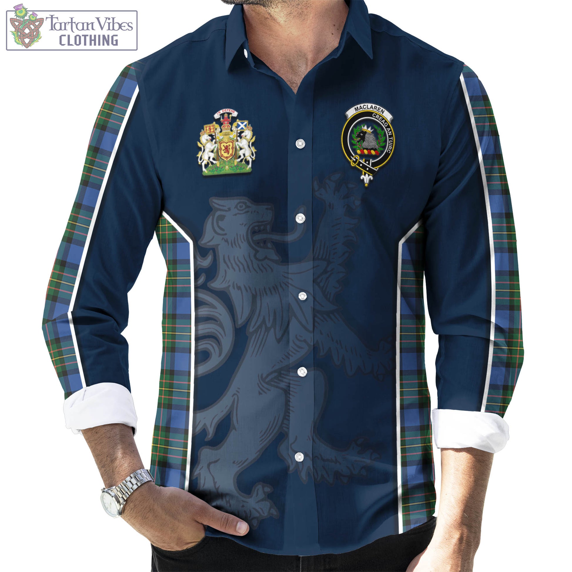 Tartan Vibes Clothing MacLaren Ancient Tartan Long Sleeve Button Up Shirt with Family Crest and Lion Rampant Vibes Sport Style