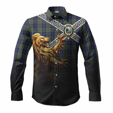 MacLaren (McLaren) Crest Tartan Long Sleeve Button Shirt with Golden Lion Emblem Celtic Style