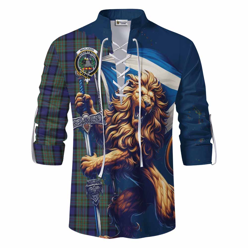 Tartan Vibes Clothing MacLaren (McLaren) Tartan Family Crest Ghillie Kilt Shirt with Scottish Majestic Lion