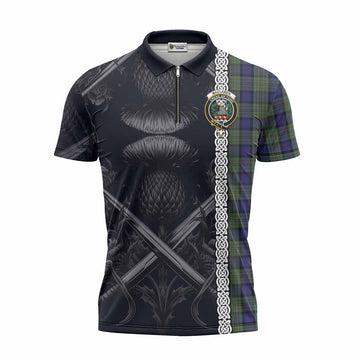 MacLaren (McLaren) Tartan Zipper Polo Shirt with Family Crest Cross Sword Thistle Celtic Vibes