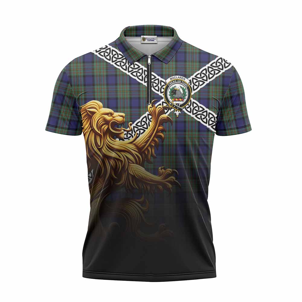 Tartan Vibes Clothing MacLaren (McLaren) Crest Tartan Zipper Polo Shirt with Golden Lion Emblem Celtic Style