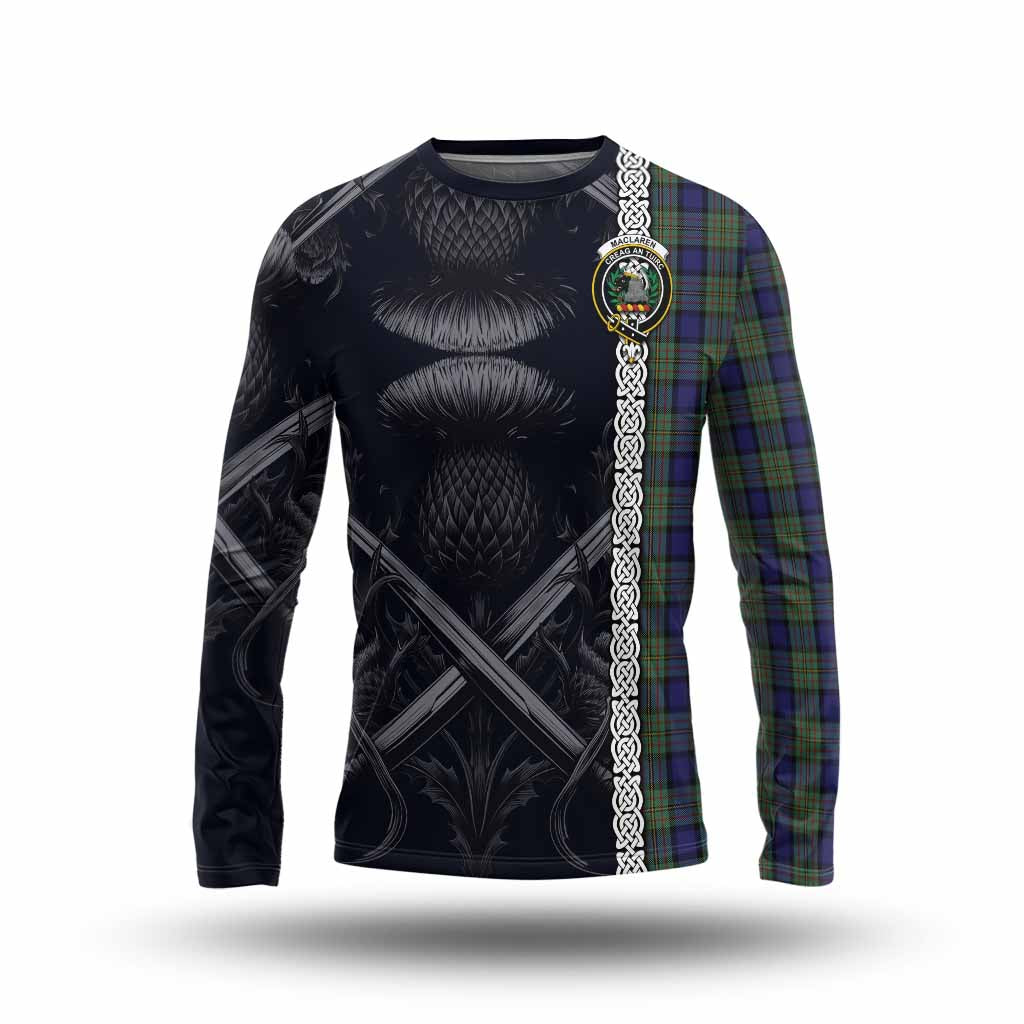 Tartan Vibes Clothing MacLaren (McLaren) Tartan Long Sleeve T-Shirt with Family Crest Cross Sword Thistle Celtic Vibes