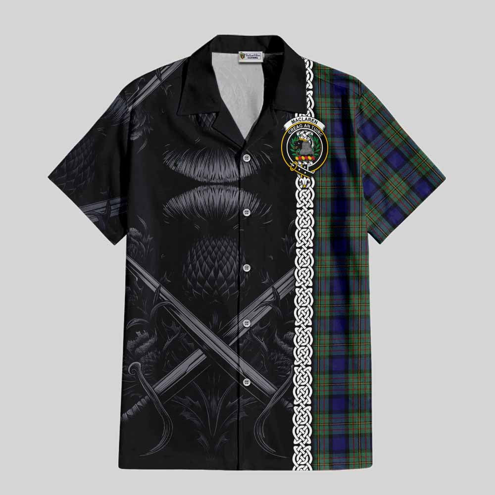 Tartan Vibes Clothing MacLaren (McLaren) Tartan Short Sleeve Button Shirt with Family Crest Cross Sword Thistle Celtic Vibes