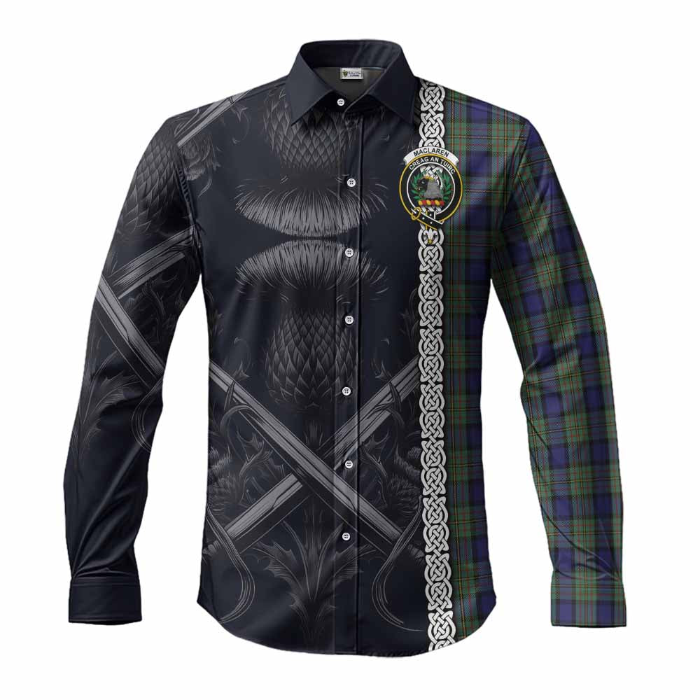 Tartan Vibes Clothing MacLaren (McLaren) Tartan Long Sleeve Button Shirt with Family Crest Cross Sword Thistle Celtic Vibes