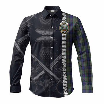 Tartan Vibes Clothing MacLaren (McLaren) Tartan Long Sleeve Button Shirt with Family Crest Cross Sword Thistle Celtic Vibes
