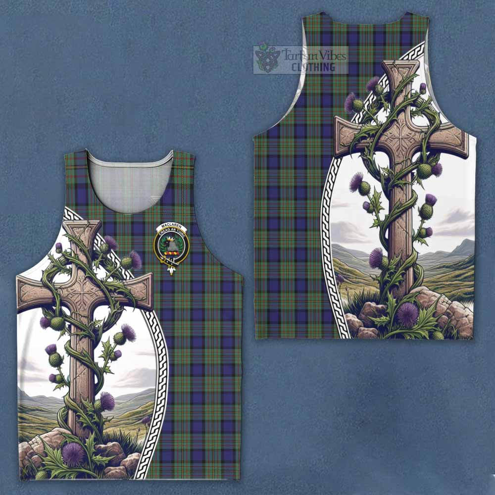 Tartan Vibes Clothing MacLaren (McLaren) Tartan Men's Tank Top with Family Crest and St. Andrew's Cross Accented by Thistle Vines