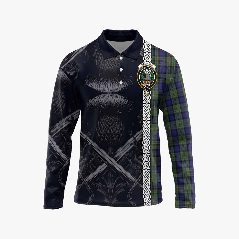 Tartan Vibes Clothing MacLaren (McLaren) Tartan Long Sleeve Polo Shirt with Family Crest Cross Sword Thistle Celtic Vibes
