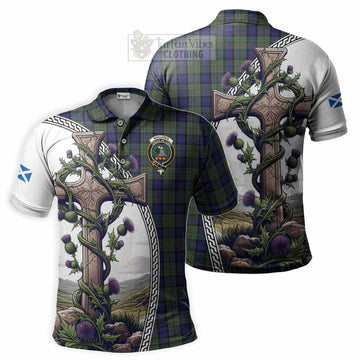 MacLaren (McLaren) Tartan Polo Shirt with Family Crest and St. Andrew's Cross Accented by Thistle Vines