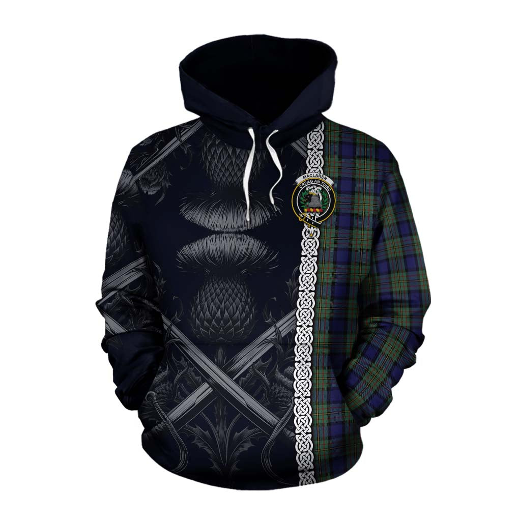 Tartan Vibes Clothing MacLaren (McLaren) Tartan Cotton Hoodie with Family Crest Cross Sword Thistle Celtic Vibes