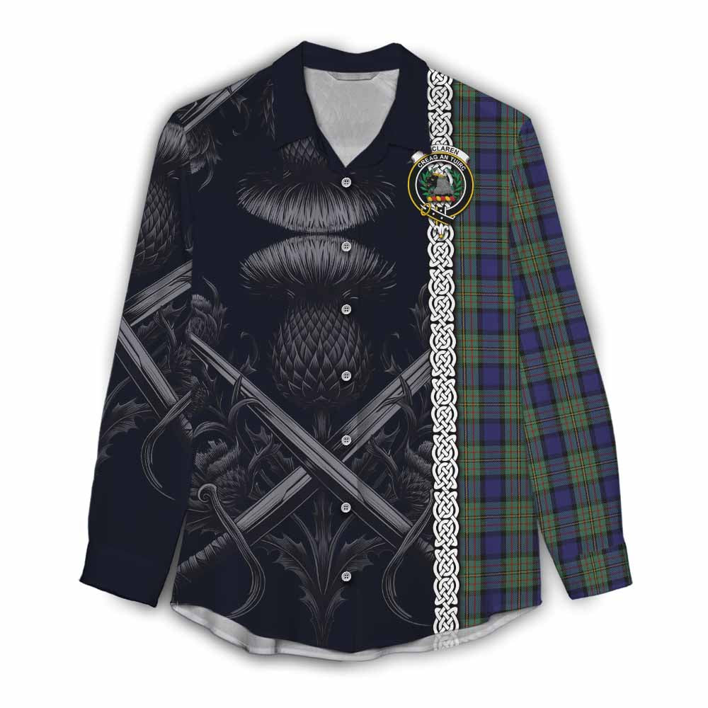 Tartan Vibes Clothing MacLaren (McLaren) Tartan Women's Casual Shirt with Family Crest Cross Sword Thistle Celtic Vibes