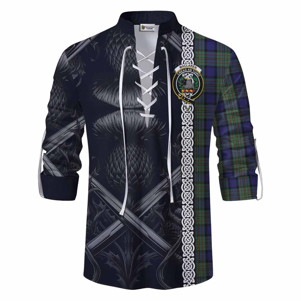 Tartan Vibes Clothing MacLaren (McLaren) Tartan Ghillie Kilt Shirt with Family Crest Cross Sword Thistle Celtic Vibes