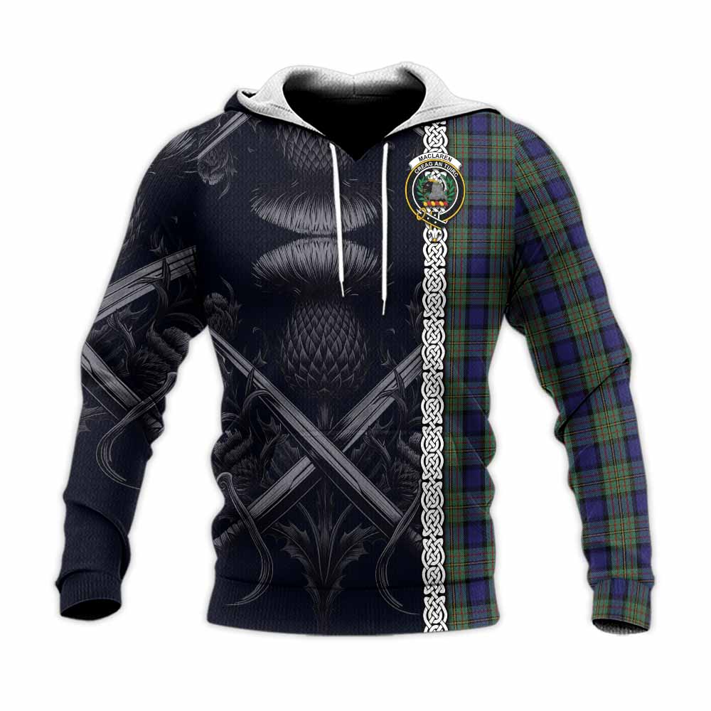 Tartan Vibes Clothing MacLaren (McLaren) Tartan Knitted Hoodie with Family Crest Cross Sword Thistle Celtic Vibes