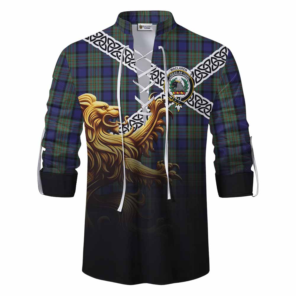 Tartan Vibes Clothing MacLaren (McLaren) Crest Tartan Ghillie Kilt Shirt with Golden Lion Emblem Celtic Style