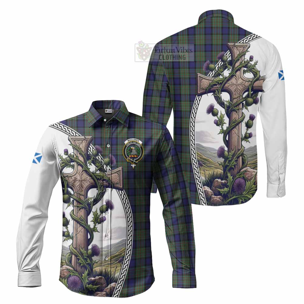 Tartan Vibes Clothing MacLaren (McLaren) Tartan Long Sleeve Button Shirt with Family Crest and St. Andrew's Cross Accented by Thistle Vines