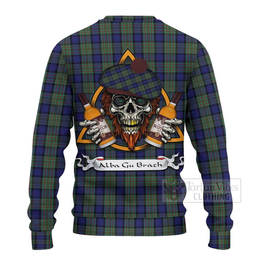 Tartan Vibes Clothing MacLaren (McLaren) Tartan Knitted Sweater with Family Crest and Bearded Skull Holding Bottles of Whiskey