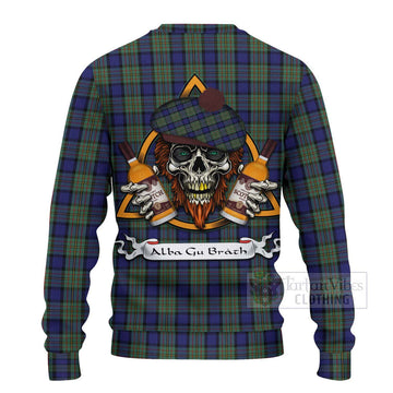 Tartan Vibes Clothing MacLaren (McLaren) Tartan Knitted Sweater with Family Crest and Bearded Skull Holding Bottles of Whiskey