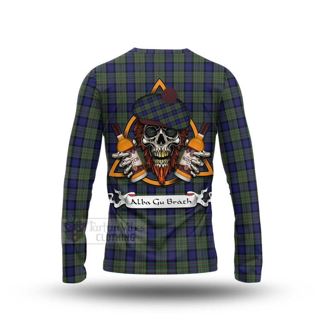 Tartan Vibes Clothing MacLaren (McLaren) Tartan Long Sleeve T-Shirt with Family Crest and Bearded Skull Holding Bottles of Whiskey
