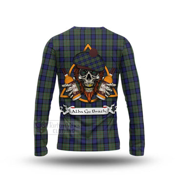 MacLaren (McLaren) Tartan Long Sleeve T-Shirt with Family Crest and Bearded Skull Holding Bottles of Whiskey