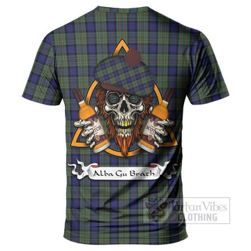 MacLaren (McLaren) Tartan T-Shirt with Family Crest and Bearded Skull Holding Bottles of Whiskey - Tartan Vibes Clothing