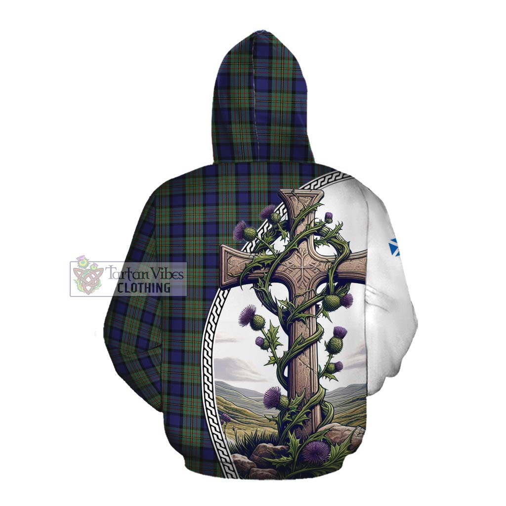 Tartan Vibes Clothing MacLaren (McLaren) Tartan Cotton Hoodie with Family Crest and St. Andrew's Cross Accented by Thistle Vines