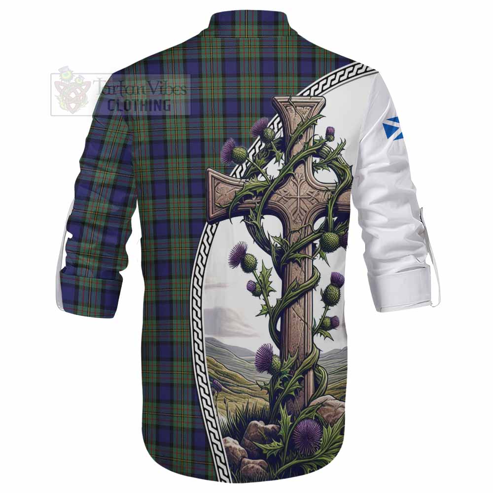 Tartan Vibes Clothing MacLaren (McLaren) Tartan Ghillie Kilt Shirt with Family Crest and St. Andrew's Cross Accented by Thistle Vines