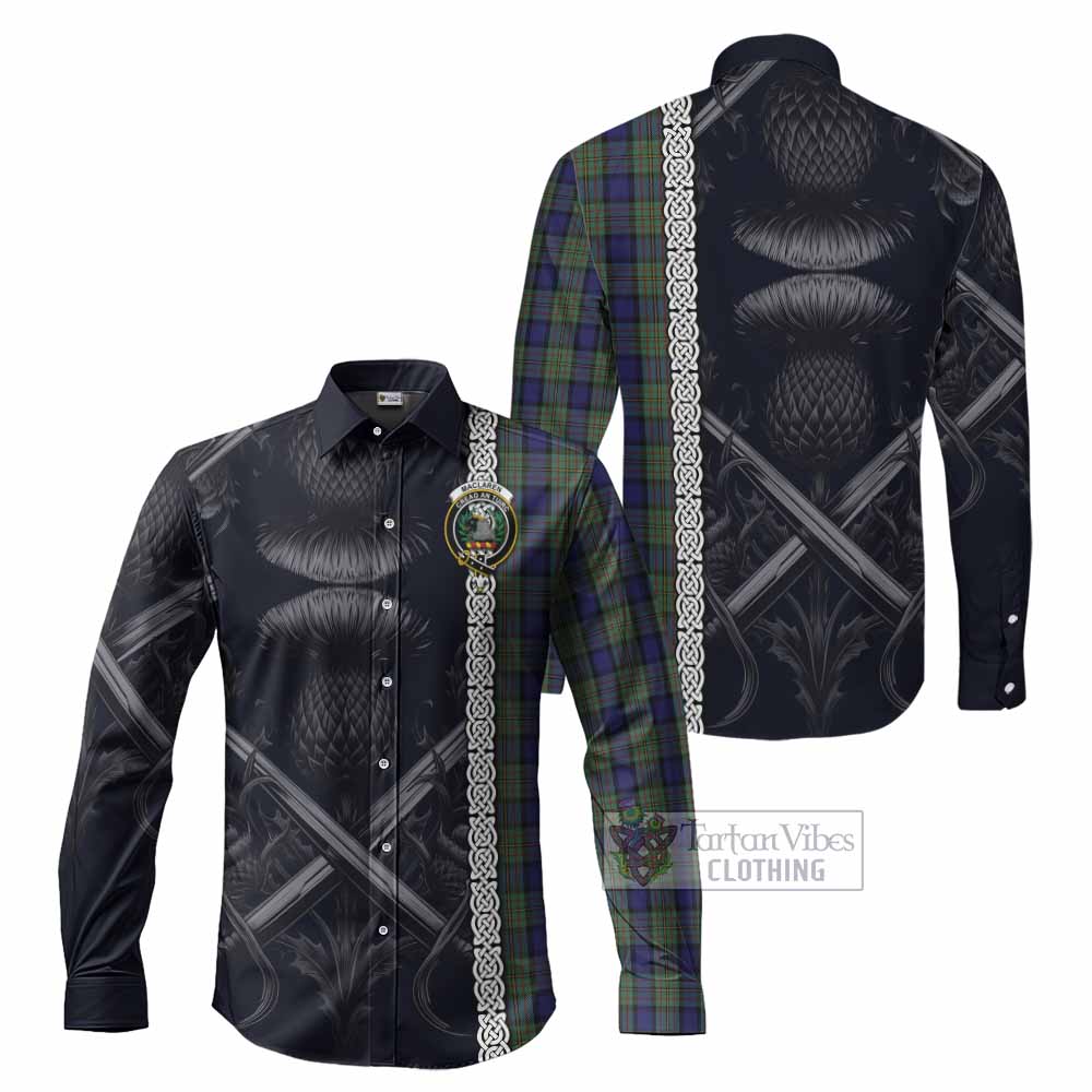 Tartan Vibes Clothing MacLaren (McLaren) Tartan Long Sleeve Button Shirt with Family Crest Cross Sword Thistle Celtic Vibes