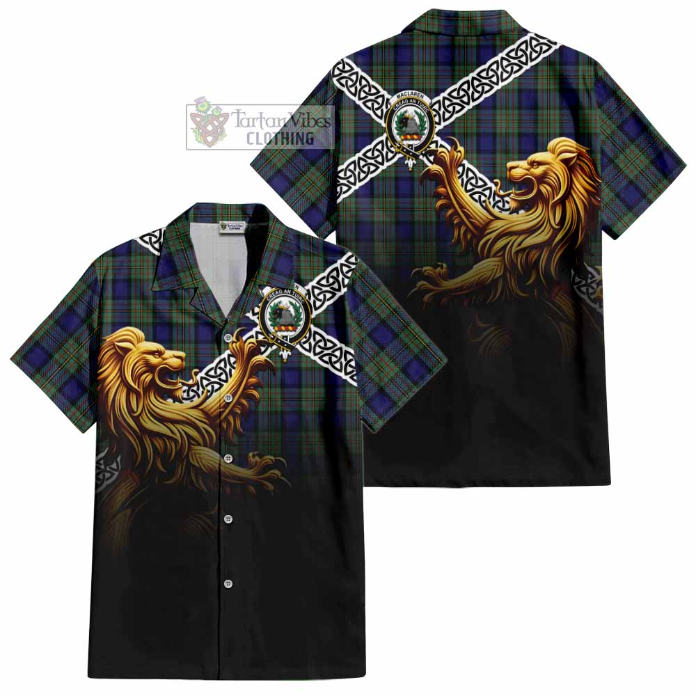 Tartan Vibes Clothing MacLaren (McLaren) Crest Tartan Short Sleeve Button Shirt with Golden Lion Emblem Celtic Style