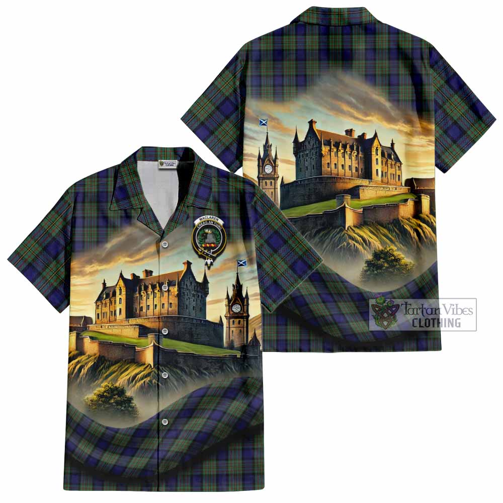 Tartan Vibes Clothing MacLaren (McLaren) Tartan Family Crest Short Sleeve Button Shirt with Scottish Ancient Castle Style