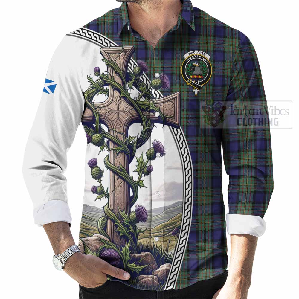 Tartan Vibes Clothing MacLaren (McLaren) Tartan Long Sleeve Button Shirt with Family Crest and St. Andrew's Cross Accented by Thistle Vines
