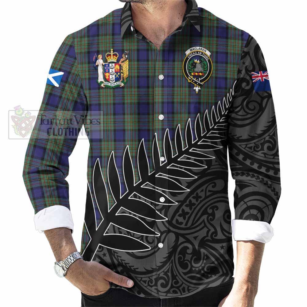 Tartan Vibes Clothing MacLaren (McLaren) Crest Tartan Long Sleeve Button Shirt with New Zealand Silver Fern Half Style