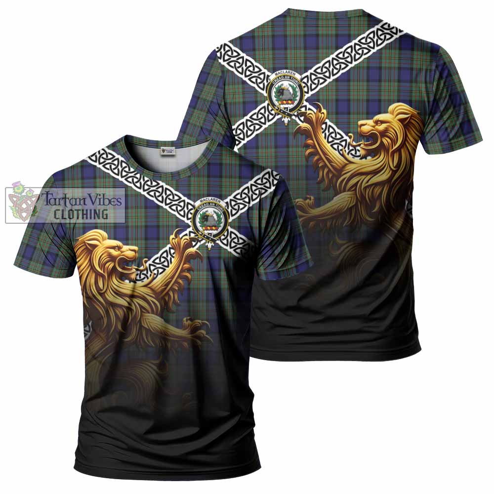 Tartan Vibes Clothing MacLaren (McLaren) Crest Tartan T-Shirt with Golden Lion Emblem Celtic Style