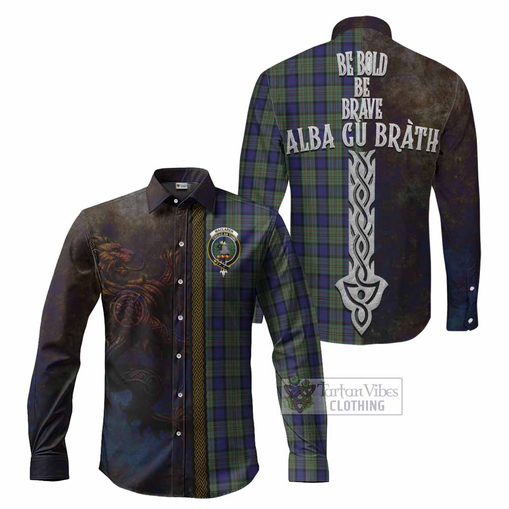 Tartan Vibes Clothing MacLaren (McLaren) Tartan Family Crest Long Sleeve Button Shirt Alba Gu Brath Be Brave Lion Ancient Style