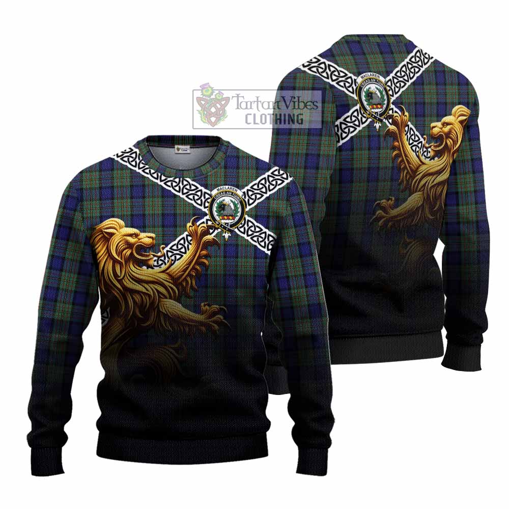 Tartan Vibes Clothing MacLaren (McLaren) Crest Tartan Knitted Sweater with Golden Lion Emblem Celtic Style