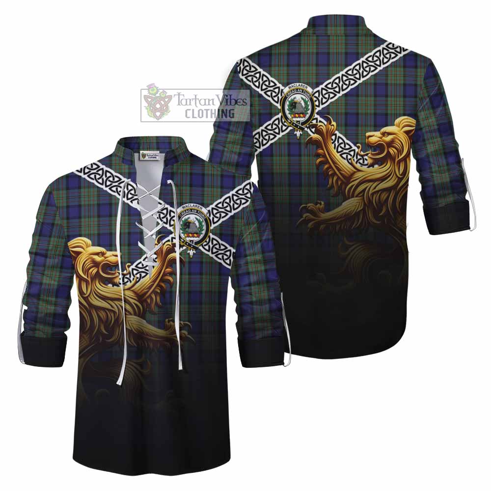 Tartan Vibes Clothing MacLaren (McLaren) Crest Tartan Ghillie Kilt Shirt with Golden Lion Emblem Celtic Style