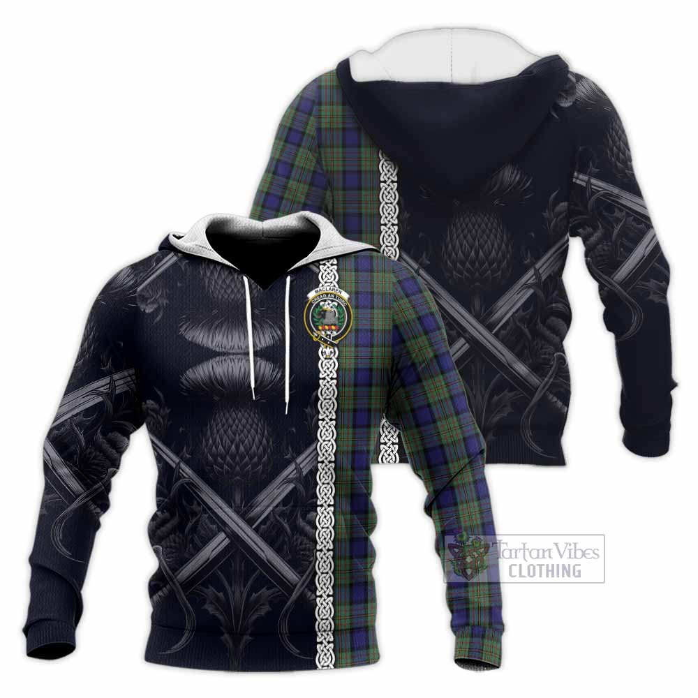 Tartan Vibes Clothing MacLaren (McLaren) Tartan Knitted Hoodie with Family Crest Cross Sword Thistle Celtic Vibes