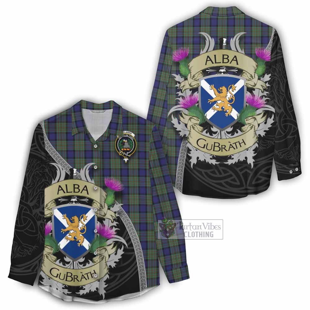 Tartan Vibes Clothing MacLaren (McLaren) Tartan Family Crest Women's Casual Shirt Lion Rampant Royal Thistle Shield Celtic Inspired