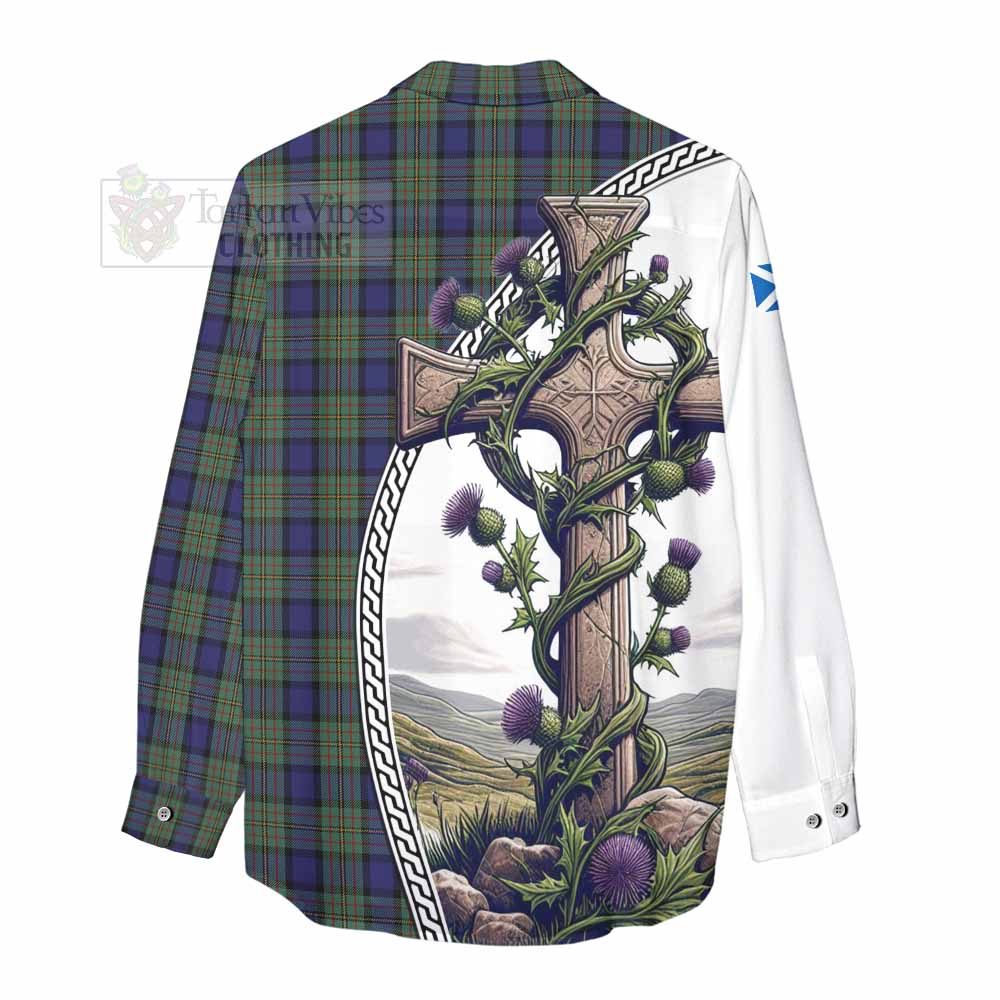 Tartan Vibes Clothing MacLaren (McLaren) Tartan Women's Casual Shirt with Family Crest and St. Andrew's Cross Accented by Thistle Vines